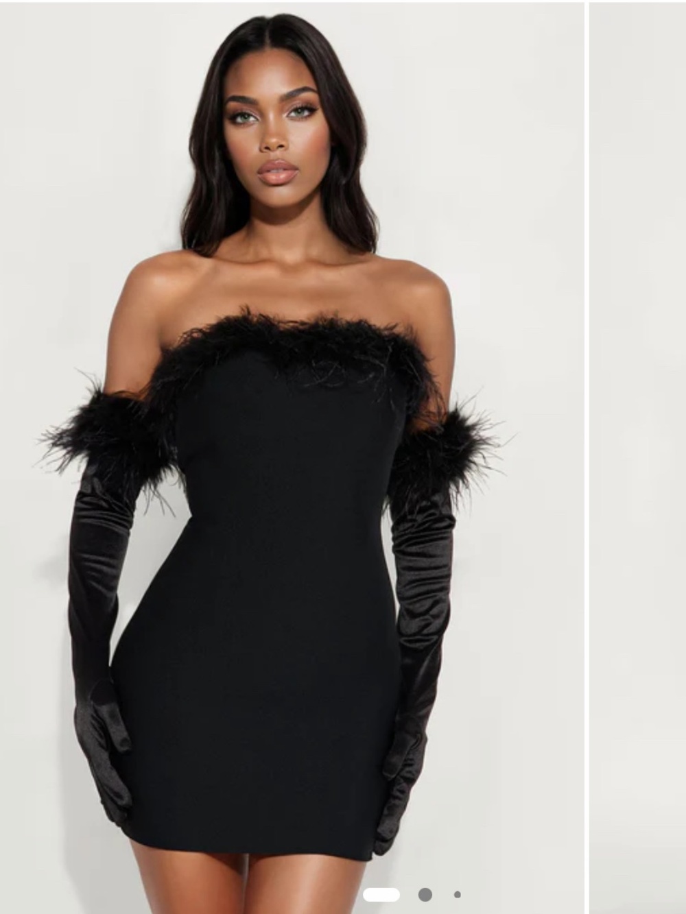 Fashion Nova Black Feather-Trim Off-Shoulder Bandage Mini Dress with Gloves